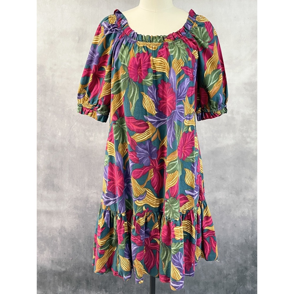 Hilo Hattie Womens Floral Muumuu Dress Large Tropical Ruffle Hem Retro Vacation